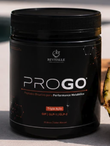 PRO GO® Revitalle Pharma — peptídeos bioativos, tripla ação GIP, GLP-1, GLP-2, sabor abacaxi